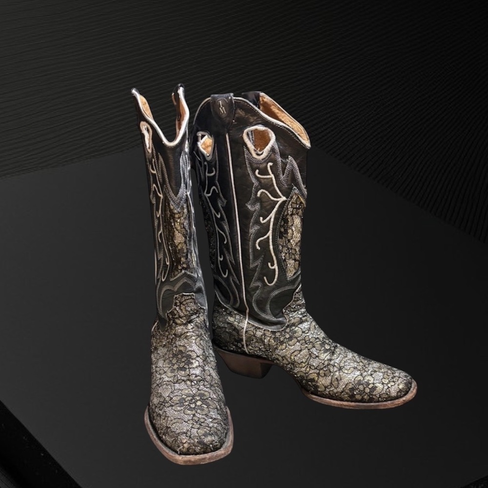 Tanner Mark Cowboy Boots Black Silver & Gold Lace Square Toe Women Size 9